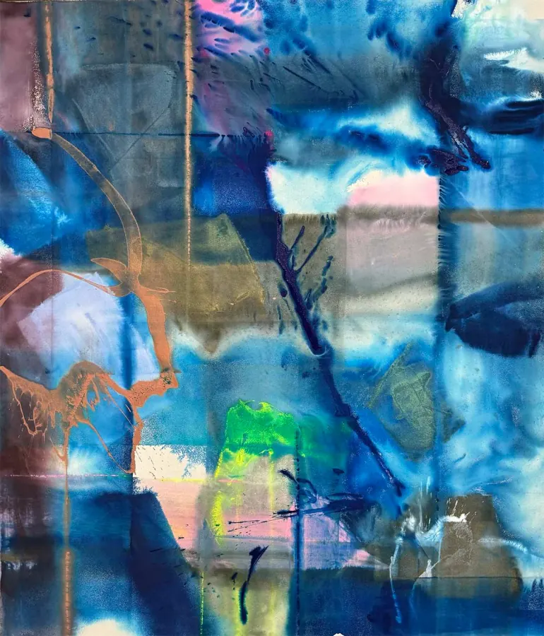 Bronze, Marine, Magenta, Flora — Urban Collection painting by Erik Skoldberg, acrylic on linen, 72 × 84 in
