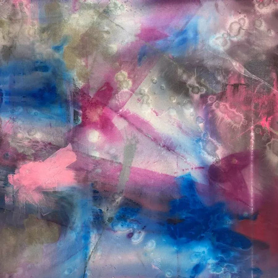 Marine, Bronze, Magenta, Cadmium — Urban Collection painting by Erik Skoldberg, acrylic on linen, 60 × 60 in