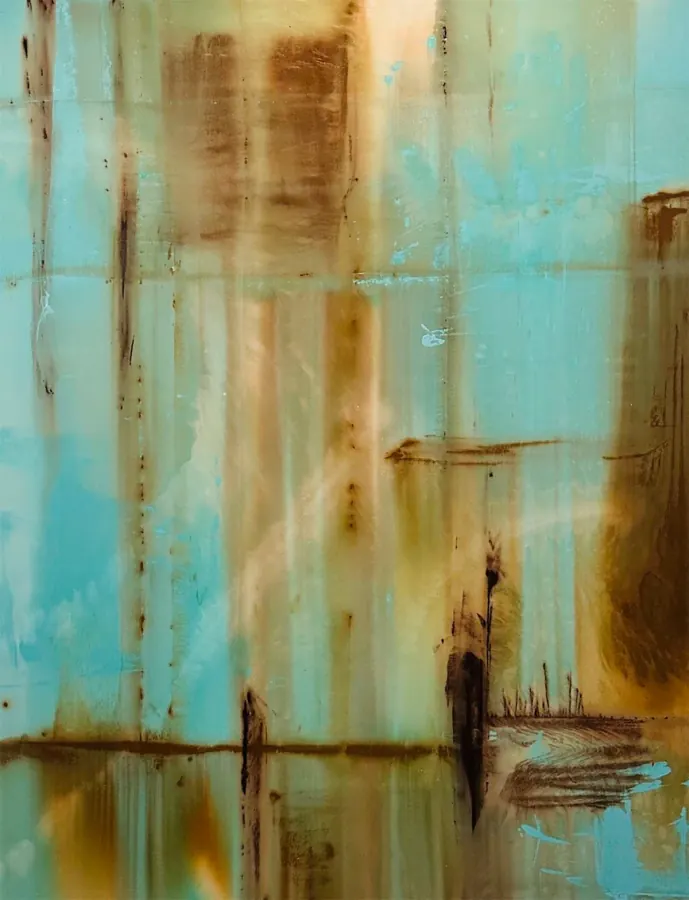 Umber, Aqua, Rust — Urban Collection painting by Erik Skoldberg, acrylic on linen, 72 × 109 in
