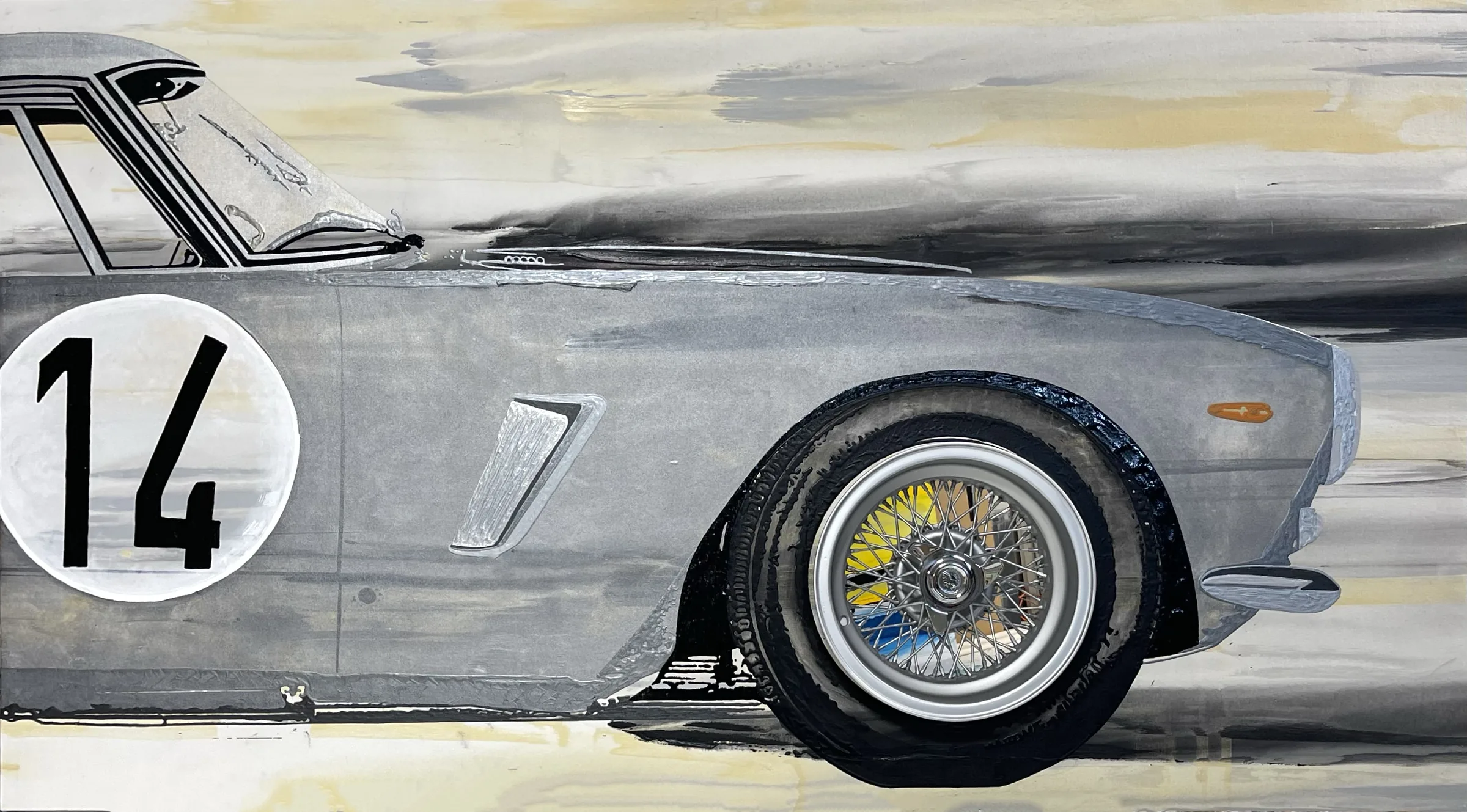 1976 Ferrari SWB w/ Borrani wheel — Pop Collection painting by Erik Skoldberg, acrylic on canvas, 90 × 56 in