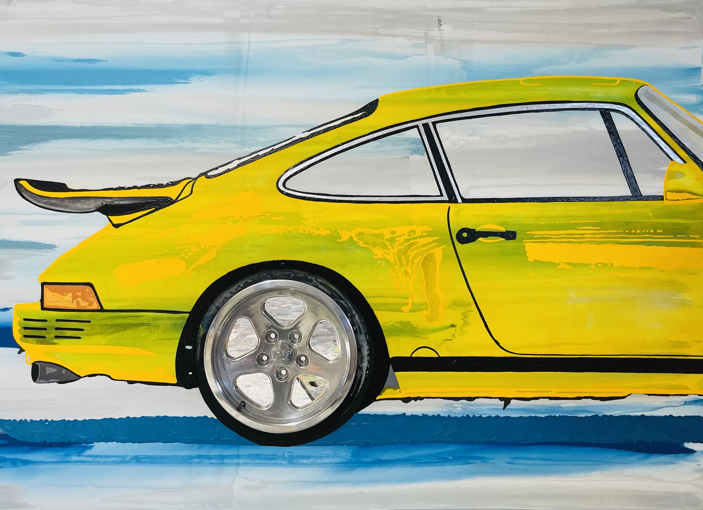 vintage Porsche Yellowbird w/ RUF wheel — Pop Collection painting by Erik Skoldberg, acrylic on canvas, 88 × 64 in